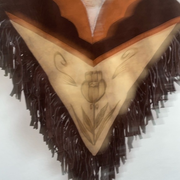 Vintage HECHO EN MEXICO Leather Suede Floral Western Brown Tan Fringed Poncho - Picture 13 of 16